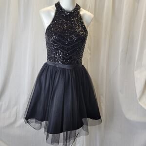 Miss Kim Black Sequin Halter Top with Flare Chiffon Dress Keyhole Back, L